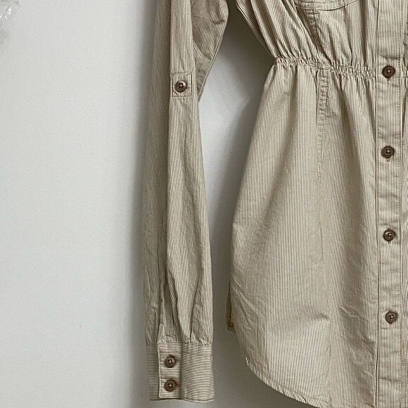 VTG NWOT Zara Button Front Elastic Waist Shirt Size S Tan Stripes Long Sleeves - Picture 6 of 11